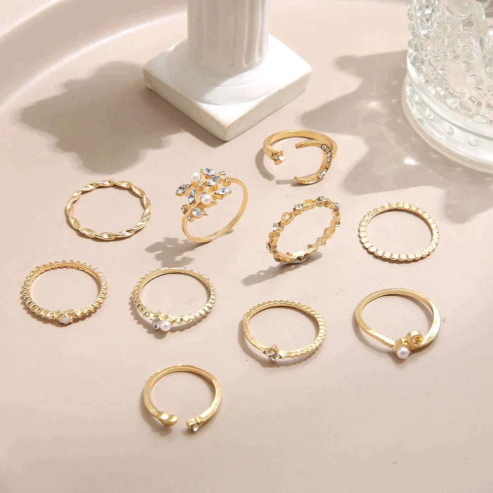 10-Piece Set Bohemian Style Silver and Gold Plated Rings