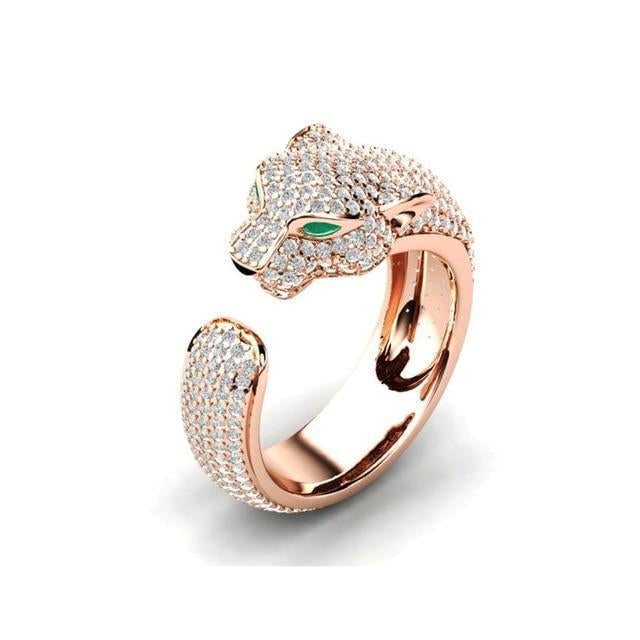 Adjustable Jaguar Ring made of 18K Silver and Rose Gold with Green Zirconia Eyes