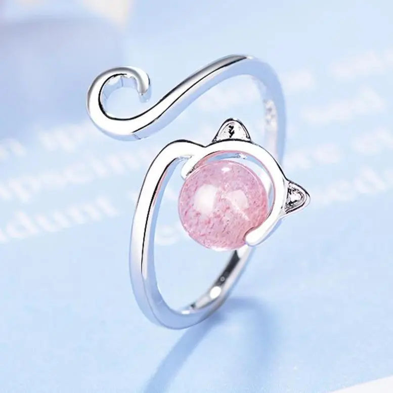 925 Sterling Silver and Pink Agate Kitten Ring
